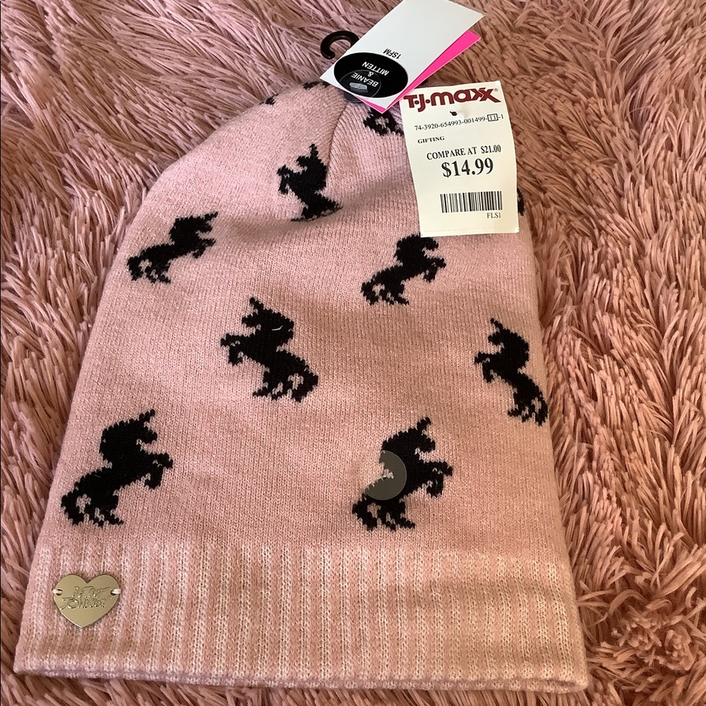 NWT Betsey Johnson pink unicorn cap & black mittens